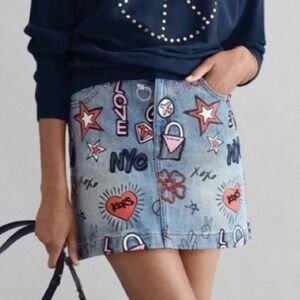Michael Kors Graffiti Denim Mini Skirt NYC Embroidered SZ 6 EUC